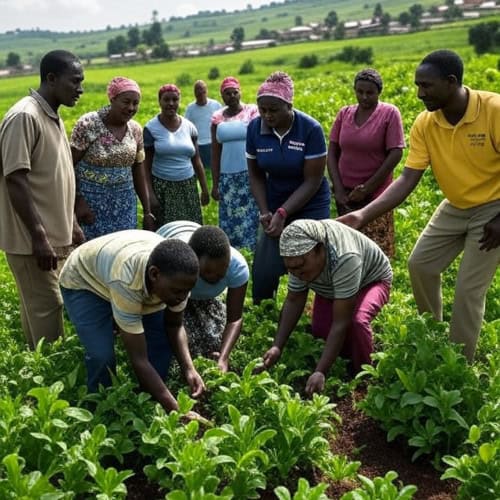 Vibrant community members working together in lush green farm fields, promoting sustainable agriculture and faith-based development initiatives by Pearl Global Ministries.