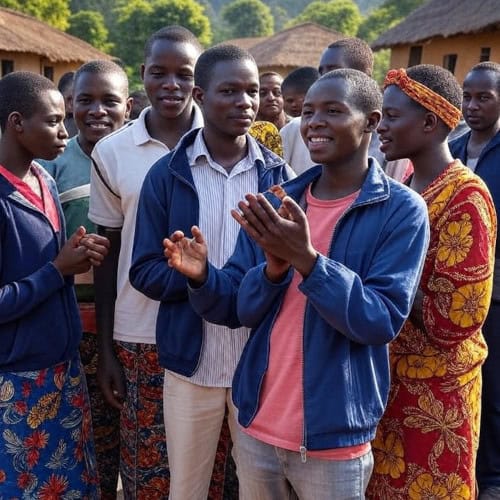 Kids praying and smiling during a community gathering organized by Pearl Global Ministries in an African village setting. Focus on faith, community support, and youth empowerment through religious outreach.