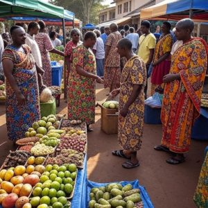 Fresh fruits being sold at a lively outdoor market during a Pearl Global Ministries community event in Africa.