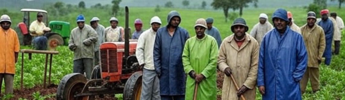 Farming community working together in an agricultural field, highlighting rural development and farming initiatives.