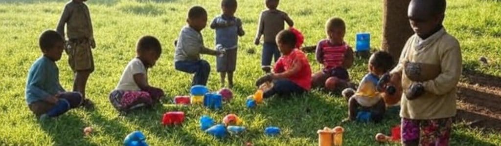 Children playing outdoors with colorful toys, enjoying community activities sponsored by Pearl Global Ministries.