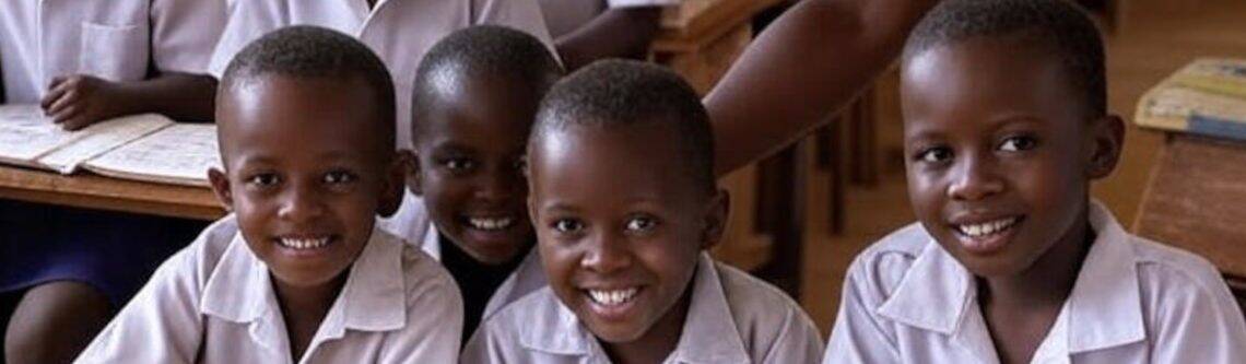 Smiling african children in classroom representing Pearl Global Ministries education outreach program.
