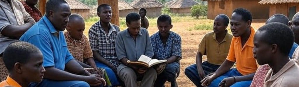 Heavenly outreach and community support activities at Pearl Global Ministries focused on spiritual growth and empowerment in an African village setting. Religious leaders and community members engage in prayer and Bible study outdoors.