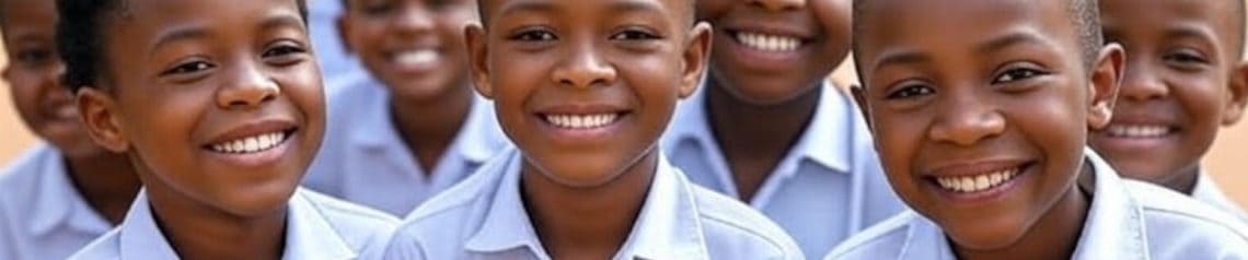 Group of smiling vulnerable children in school uniforms, representing education support and hope for vulnerable youth.