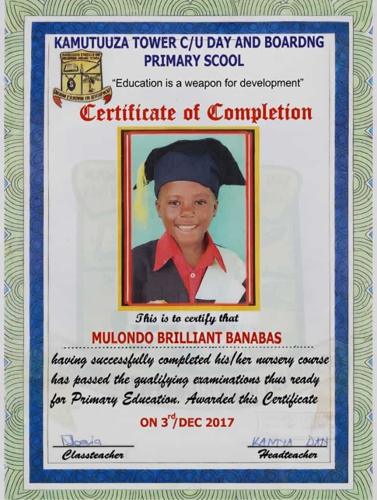 Certificate of Complteion from Kamutuuza Tower c/u Day and Boarding Primary School
