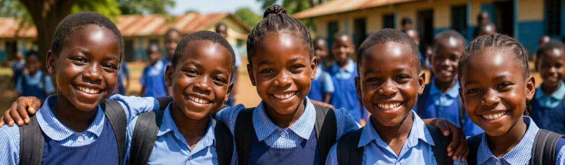 Group of smiling school children in uniform outdoors, representing education and community support by Pearl Global Ministries.