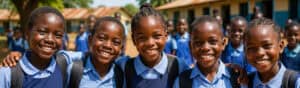 Group of smiling school children in uniform outdoors, representing education and community support by Pearl Global Ministries.