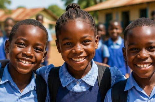 Group of smiling school children in uniform outdoors, representing education and community support by Pearl Global Ministries.