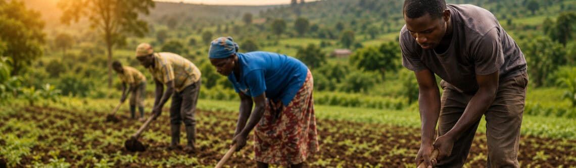 Group of diverse farmers working together in a lush green field, planting and tending crops to promote sustainable agriculture and community development.