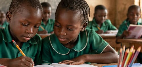 Young students in green uniforms engaged in learning activities in a classroom setting, highlighting education and community development.