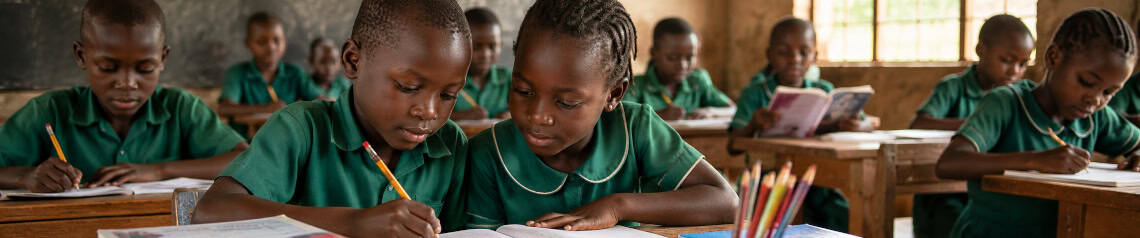 Young students in green uniforms engaged in learning activities in a classroom setting, highlighting education and community development.
